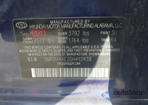 2013 Hyundai Elantra Gls from USA, damaged, VIN 5NPDH4AE2DH412439